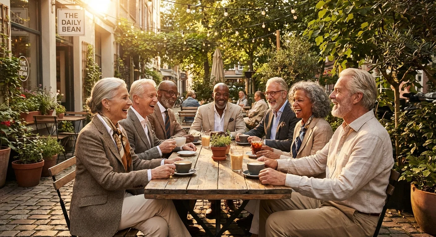 A group of senior friends laughing together at an outdoor cafe.