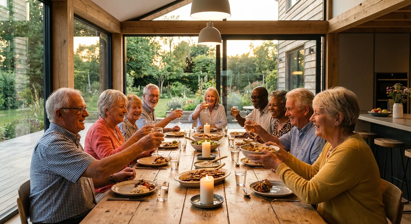 A group of seniors enjoying a communal dinner in a modern, glass-walled common house.
