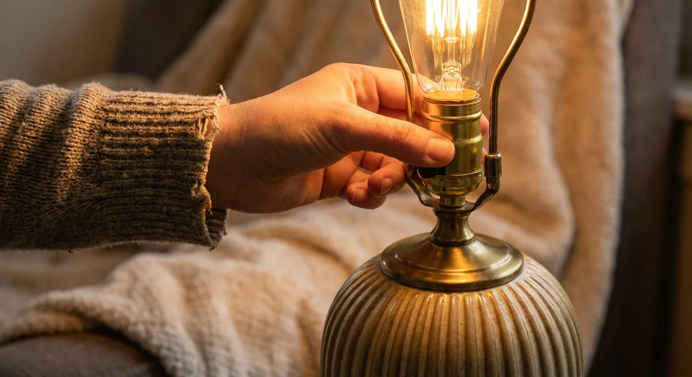 A hand changing a light bulb in a decorative table lamp.