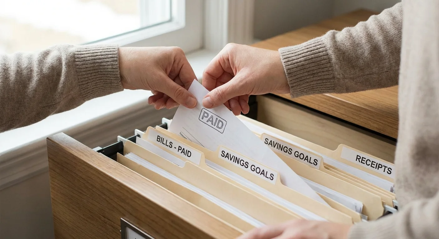 A hand filing a document in a clean, organized filing system.