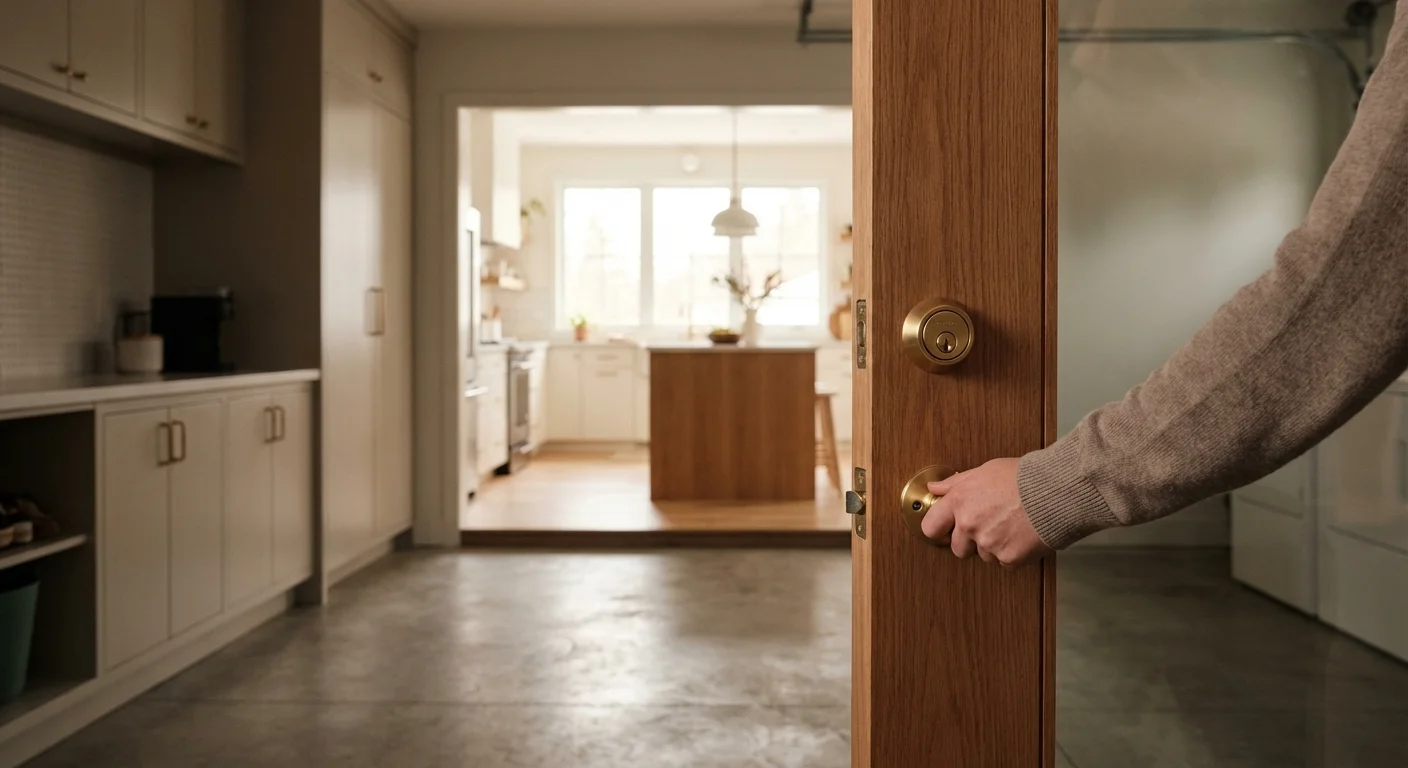A hand locking the door between a garage and a house.