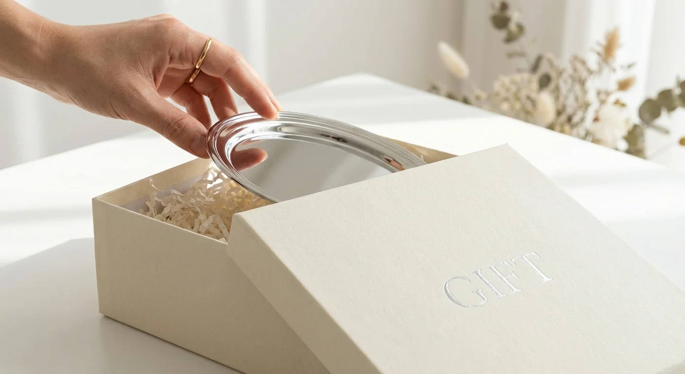 A hand placing a silver tray into a gift box.