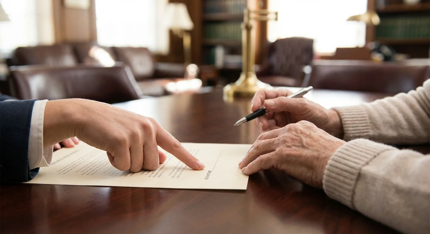A hand pointing at a signature line while a senior person hesitates.