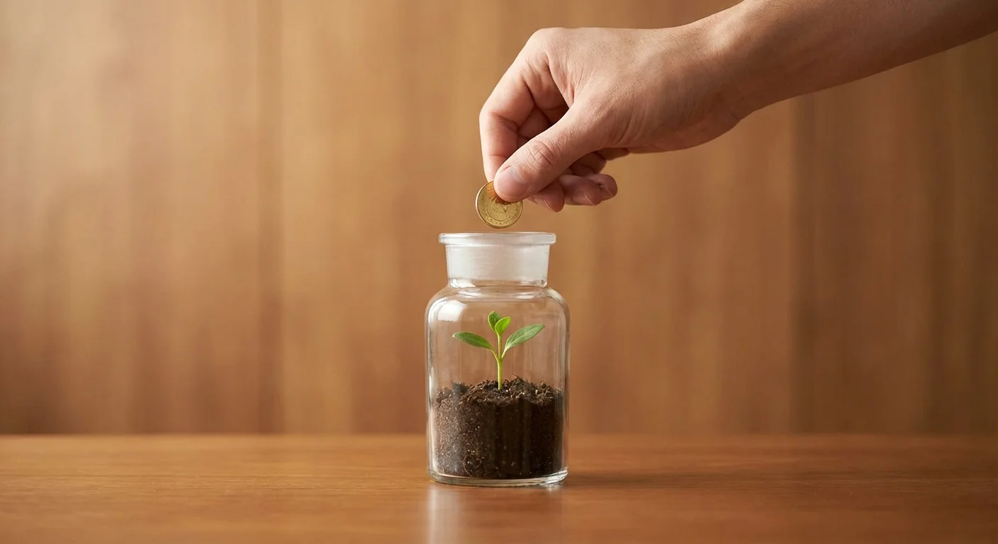 A hand putting a coin into a jar with a green sprout.