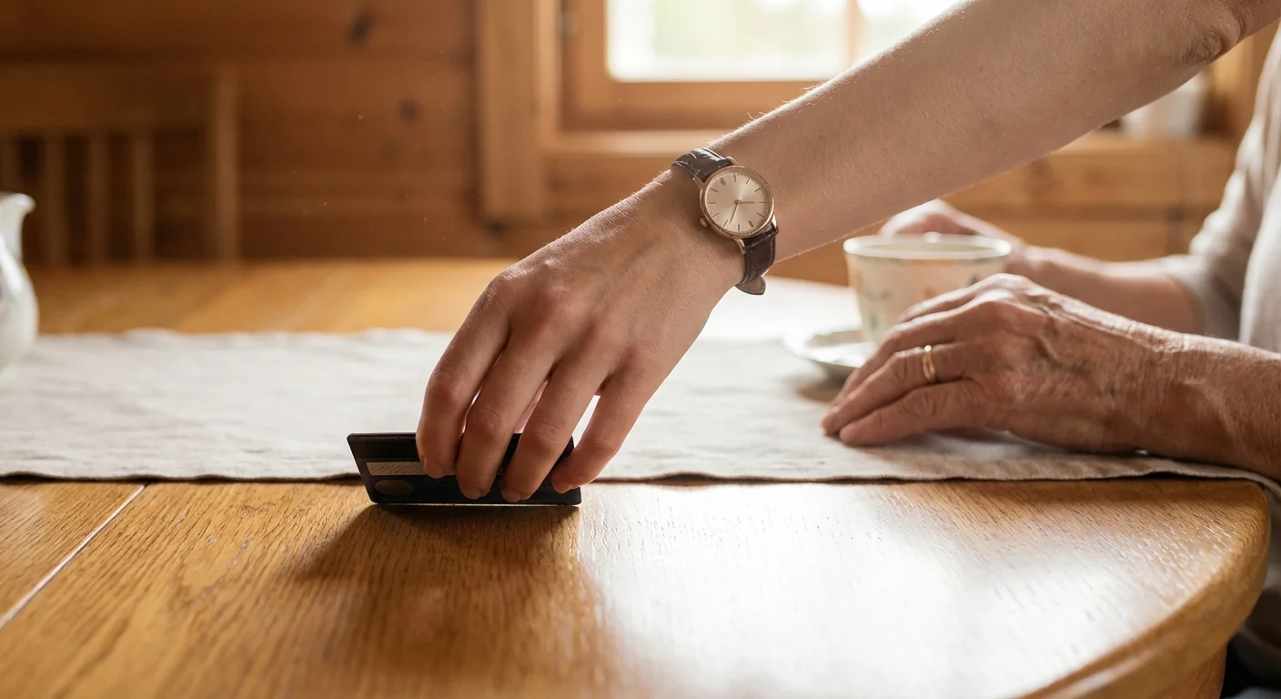 A hand reaching for a credit card on a table next to a senior person.