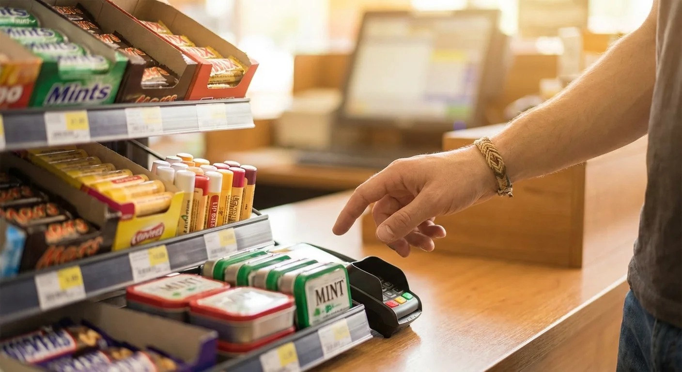 A hand reaching past impulse-buy items at a store checkout counter.