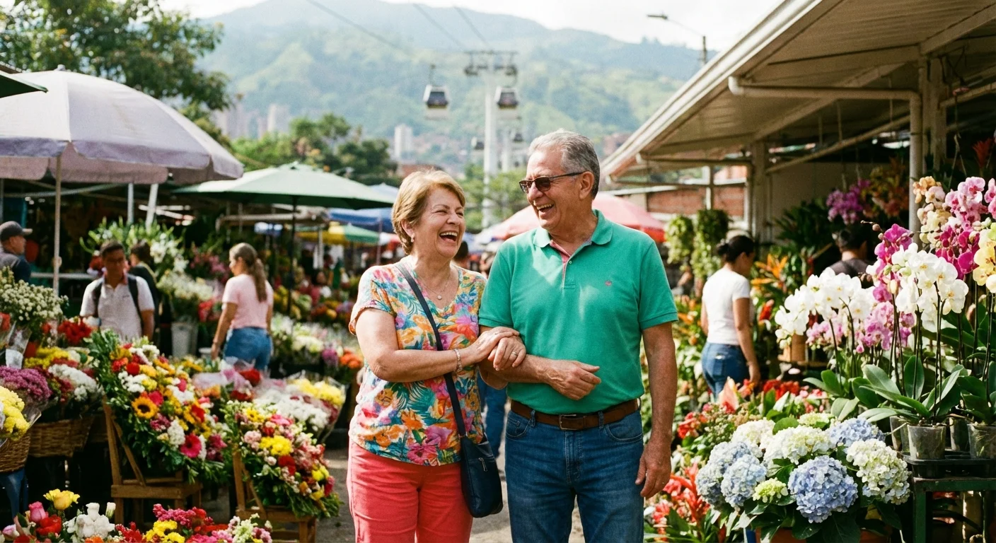 A happy couple at a flower market in Medellin, Colombia.