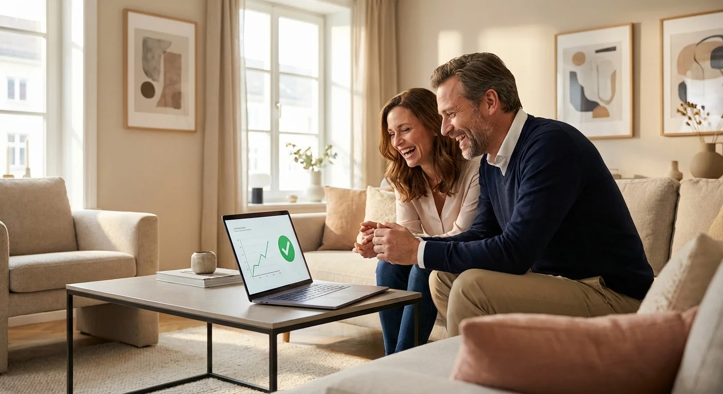 A happy couple looking at a laptop together in a sunlit living room.