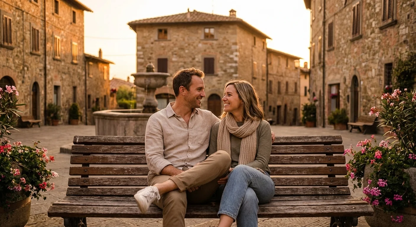 A happy couple sitting on a bench in a sunlit town square during sunset.