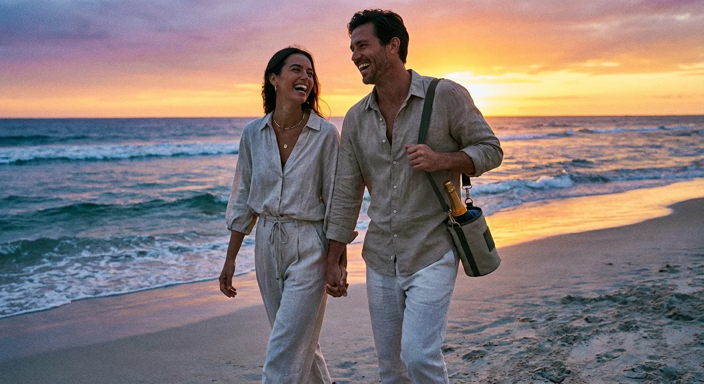 A happy couple walking on the beach at sunset, celebrating retirement.