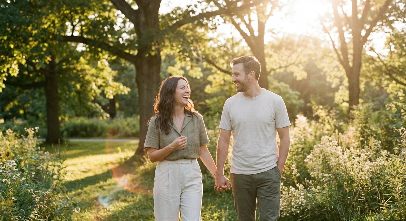 A happy mature couple walking in a sunlit park.