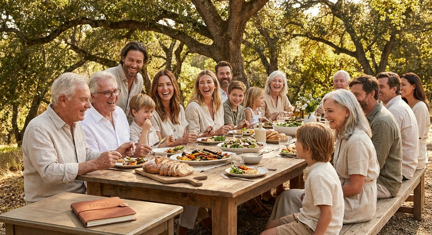 A happy multi-generational family sharing a meal outdoors.