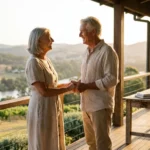A happy retired couple enjoying a peaceful sunset on their porch, symbolizing financial freedom.