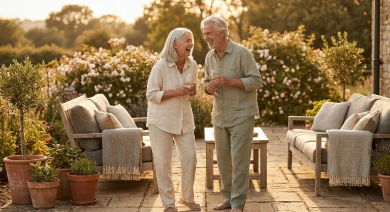 A happy retired couple enjoying a sunny afternoon on their patio, representing financial freedom.