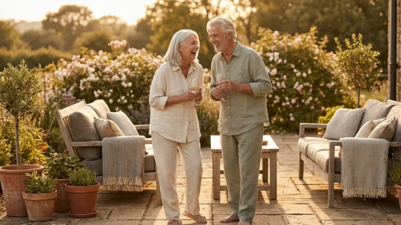 A happy retired couple enjoying a sunny afternoon on their patio, representing financial freedom.