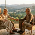 A happy retired couple enjoying the sunset on a beautiful porch.
