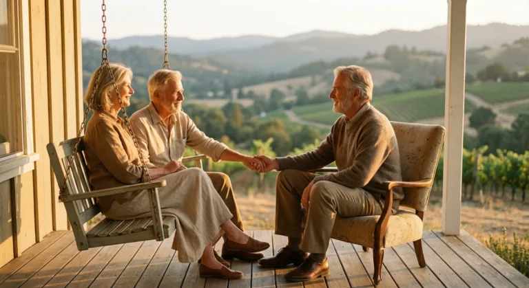 A happy retired couple enjoying the sunset on a beautiful porch.