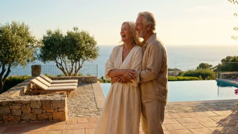 A happy retired couple standing on a sunny balcony overlooking the sea, symbolizing a dream retirement lifestyle.