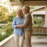 A happy retired couple stands on the porch of a beautiful, sunny home, symbolizing an affordable and joyful retirement.
