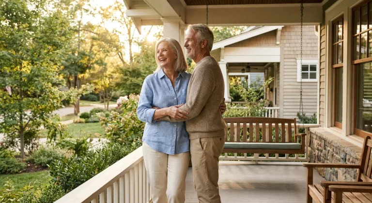 A happy retired couple stands on the porch of a beautiful, sunny home, symbolizing an affordable and joyful retirement.