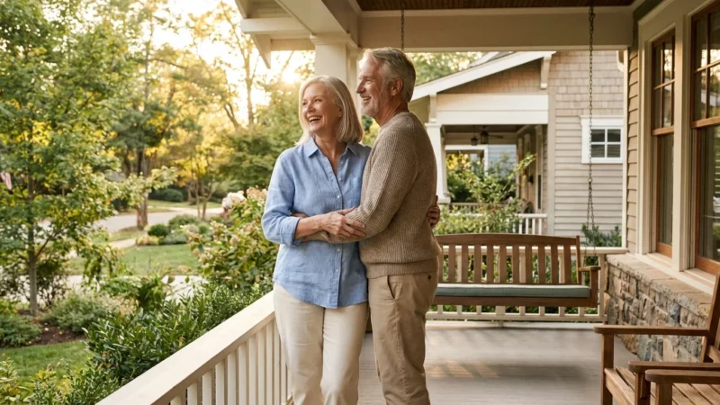 A happy retired couple stands on the porch of a beautiful, sunny home, symbolizing an affordable and joyful retirement.