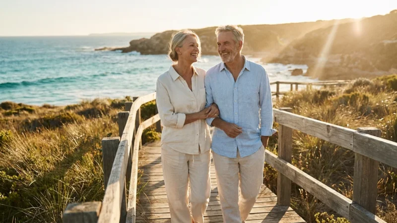 A happy retired couple walks along a sunny coastal boardwalk at sunset.