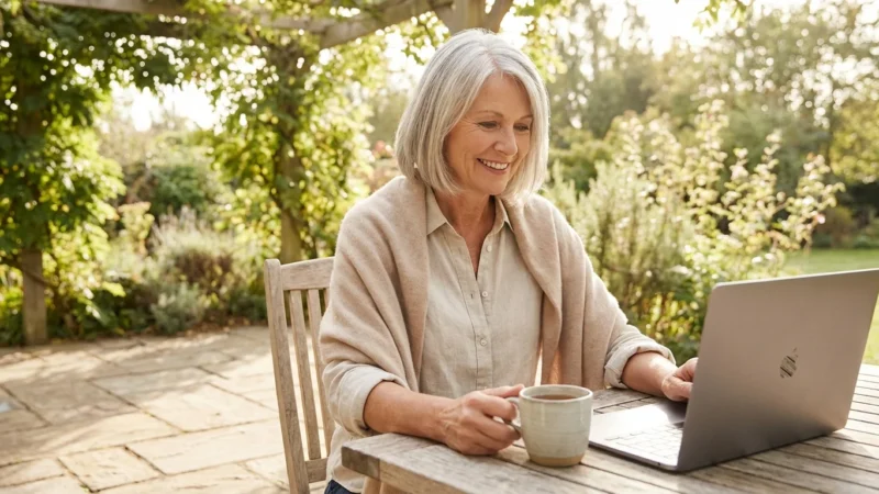 A happy retired woman working on her laptop on a sunny patio.