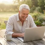 A happy retiree working on a laptop on a sunny patio, symbolizing flexible part-time work.