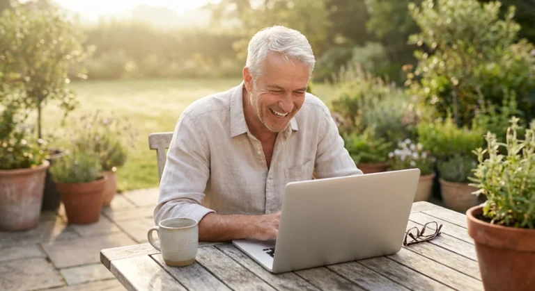 A happy retiree working on a laptop on a sunny patio, symbolizing flexible part-time work.