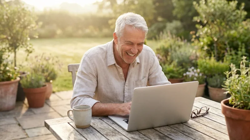 A happy retiree working on a laptop on a sunny patio, symbolizing flexible part-time work.