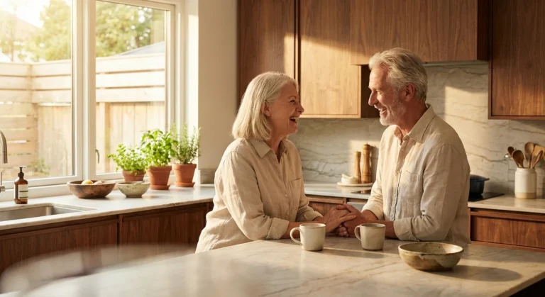A happy senior couple enjoying a bright, modern kitchen together.