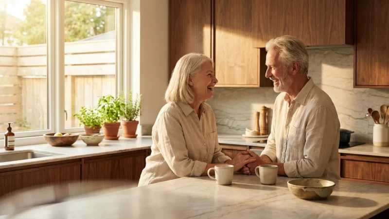 A happy senior couple enjoying a bright, modern kitchen together.