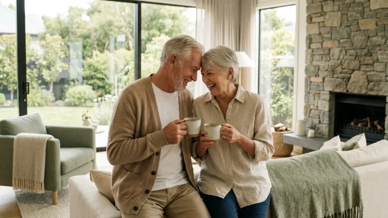 A happy senior couple laughing in a bright, modern living room with large windows.