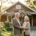 A happy senior couple standing in front of their beautiful, affordable new home during golden hour.