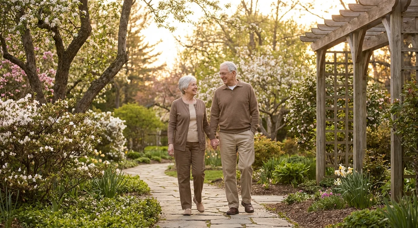 A happy senior couple walking through their garden, symbolizing home equity and security.