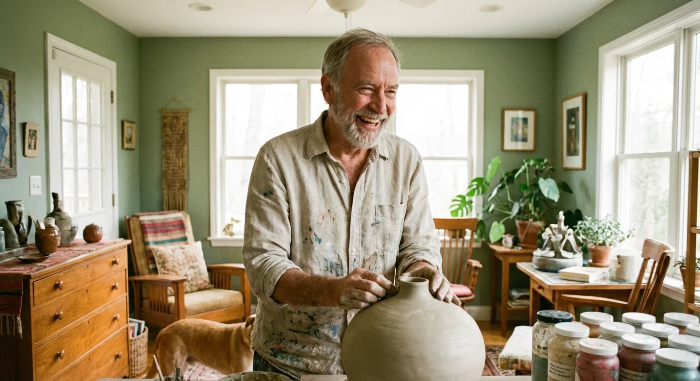 A happy senior man working on a creative project in his bright home studio.