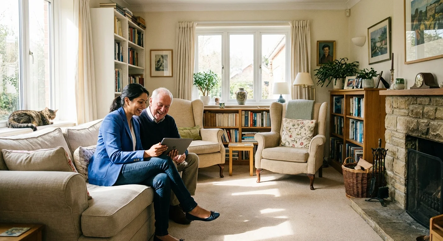 A healthcare professional and a senior man looking at a tablet in a cozy living room.