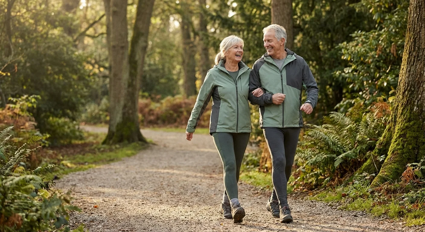A healthy couple walks through a lush park, representing long-term wellness planning.