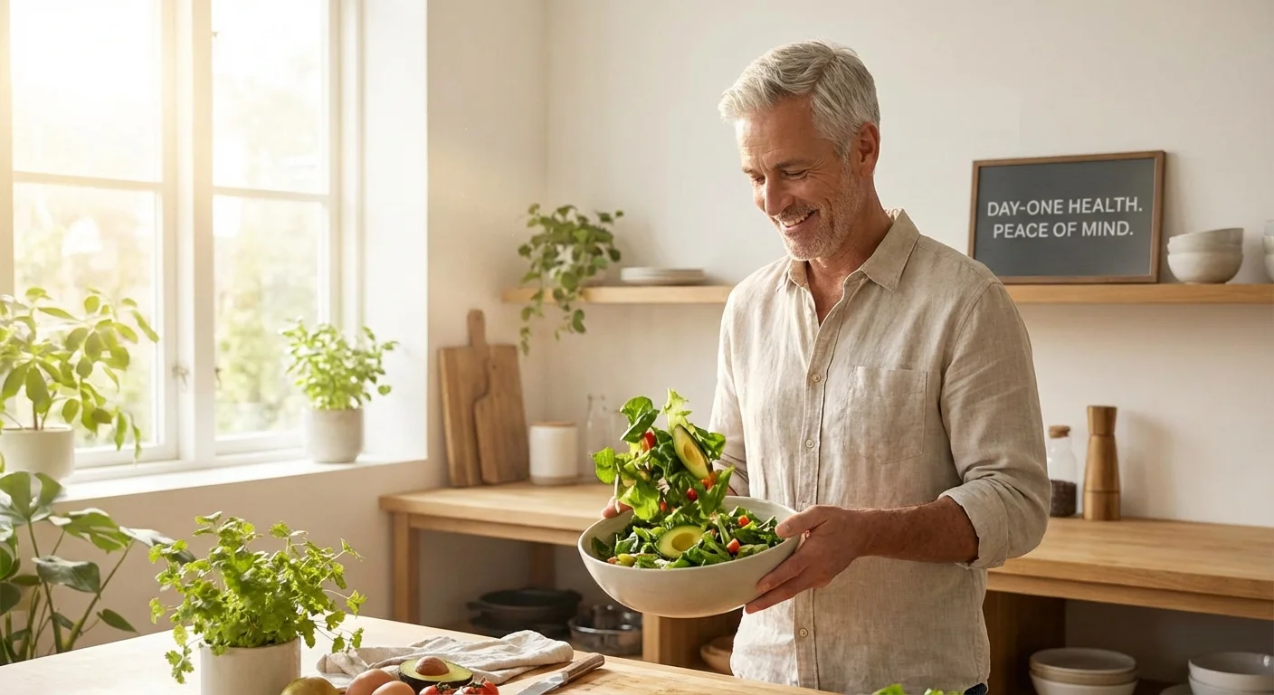 A healthy mature man preparing fresh food in a bright kitchen.