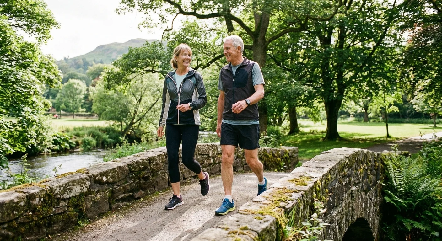 A healthy retired couple walking across a strong stone bridge in a sunny park.
