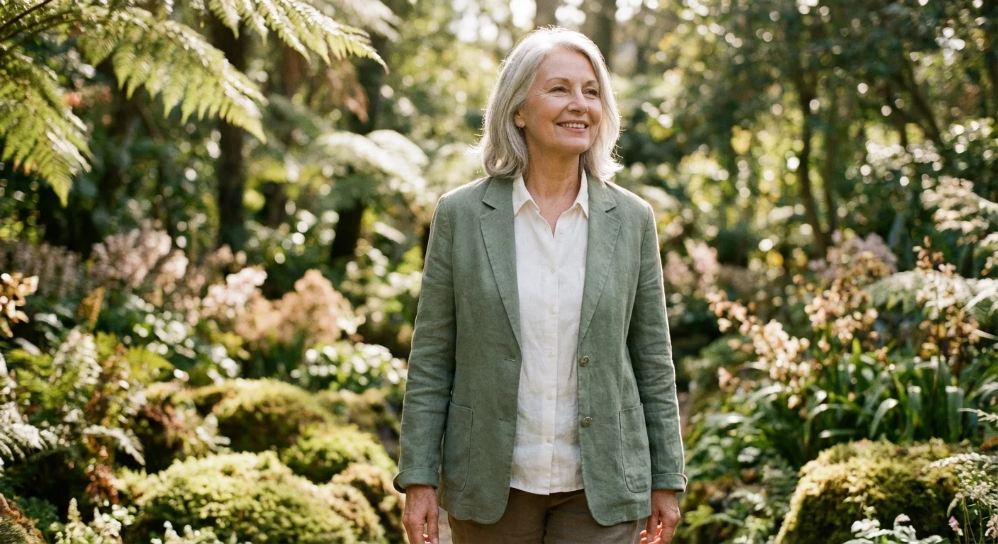 A healthy senior woman enjoys a walk in a sunny, lush garden.