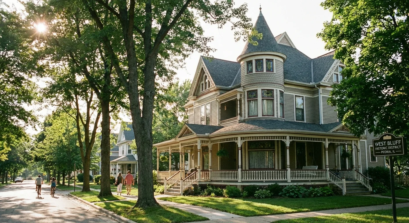 A historic house with a large porch on a tree-lined street in Peoria, Illinois.