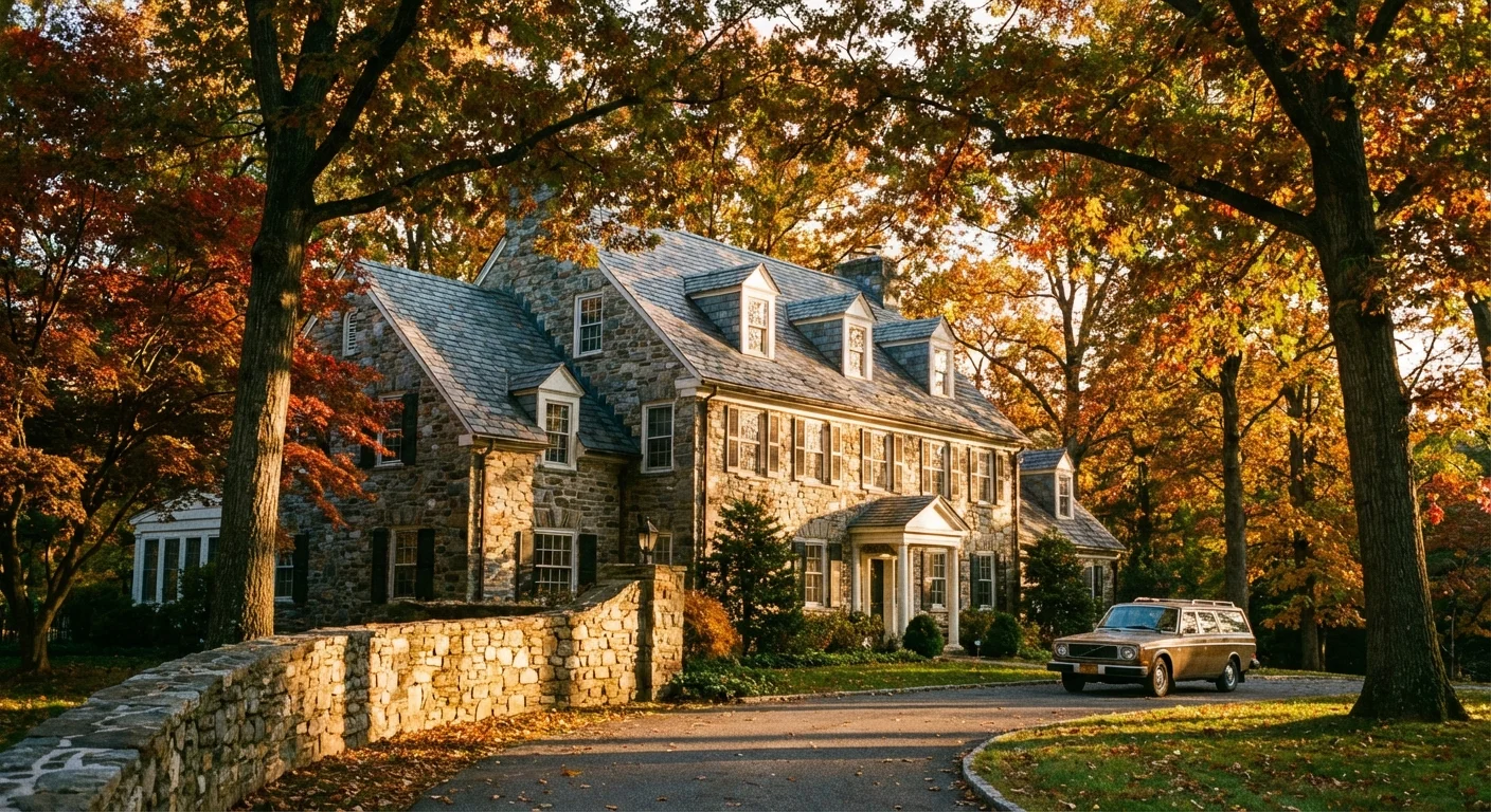 A historic stone house in Pennsylvania surrounded by colorful autumn foliage.
