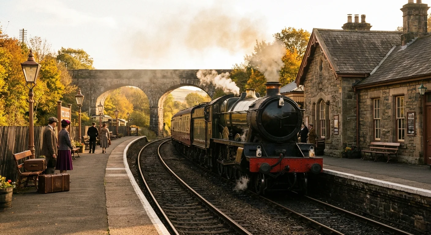 A historic train station in a scenic, hilly landscape.