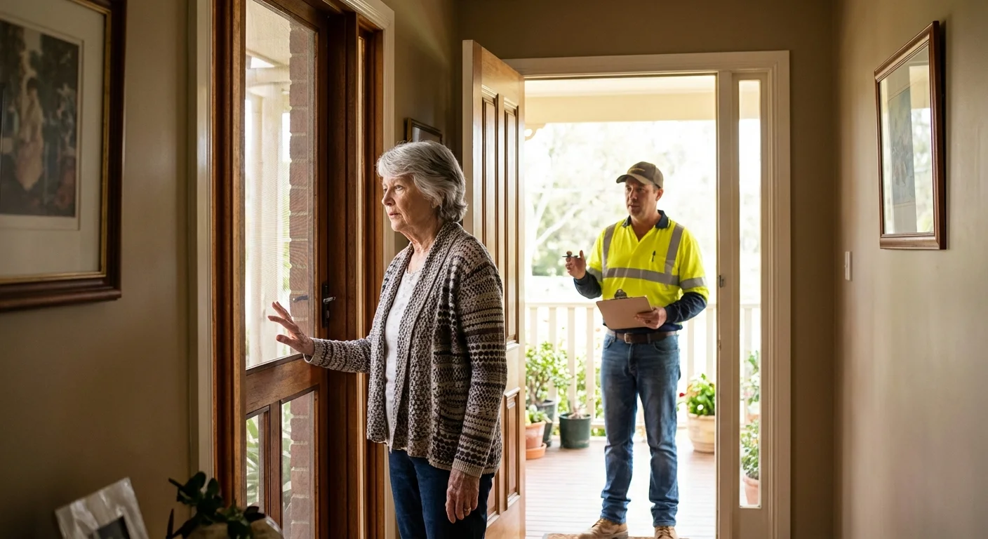 A homeowner talking through a screen door to a person wearing a safety vest.