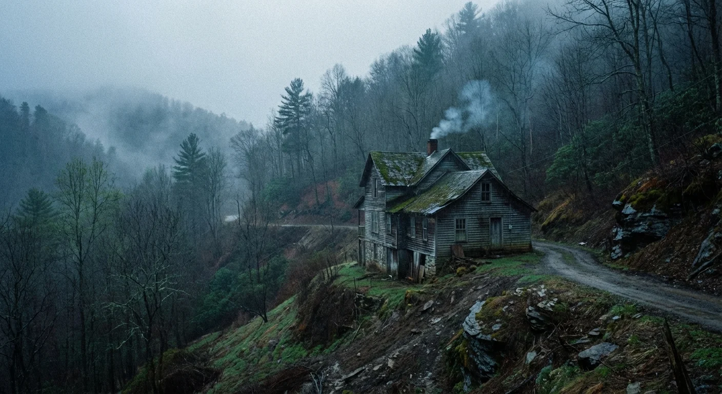 A house isolated in the foggy Appalachian mountains.