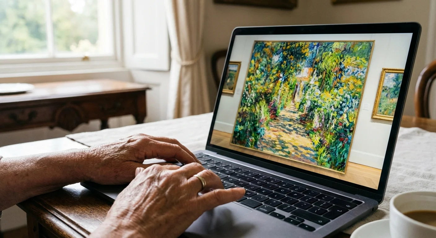 A laptop screen displaying a famous Impressionist painting in a virtual museum gallery.