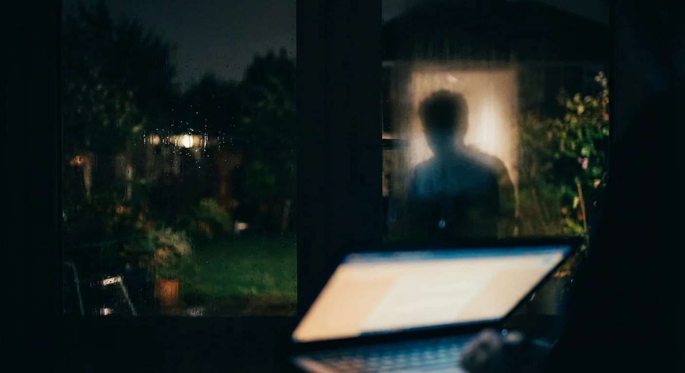 A laptop screen reflecting in a window, representing the unseen nature of cyber threats.