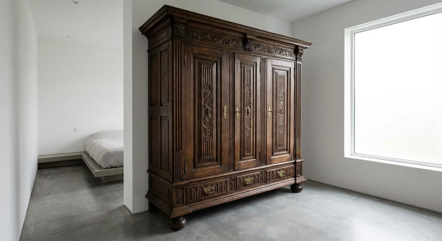 A large antique wardrobe looking oversized in a modern bedroom.