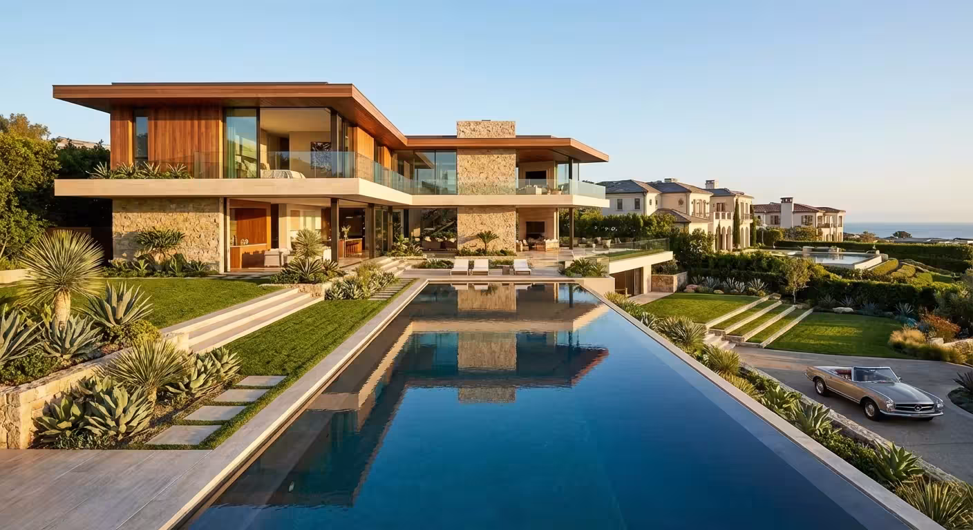 A large luxury retirement mansion with an infinity pool and gardens.